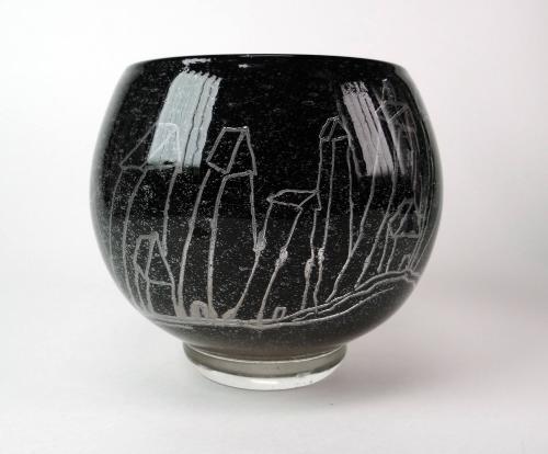 Black Bowl with etched houses
