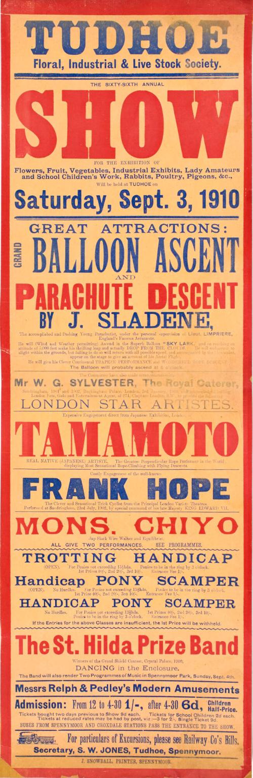 Playbill for Tudhoe Floral, Industrial, and Live Stock Society. September 3, 1910