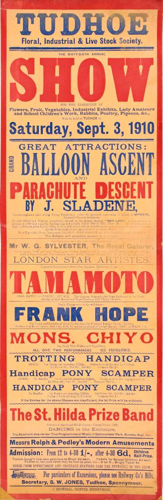 Playbill for Tudhoe Floral, Industrial, and Live Stock Society. September 3, 1910