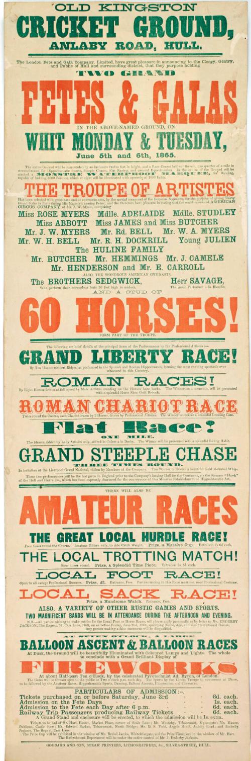 Playbill for Old Kingston, Cricket Ground, Hull. June 5-6, 1865