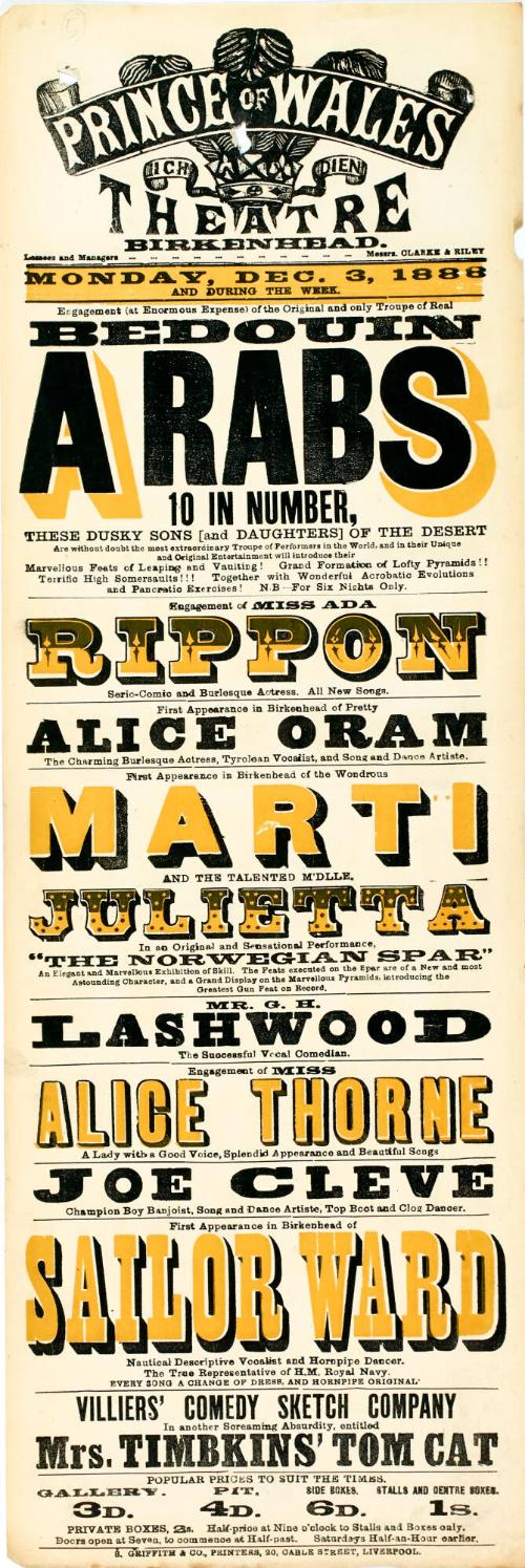 Playbill for Prince of Wales Theatre, Birkenhead. December 3, 1888