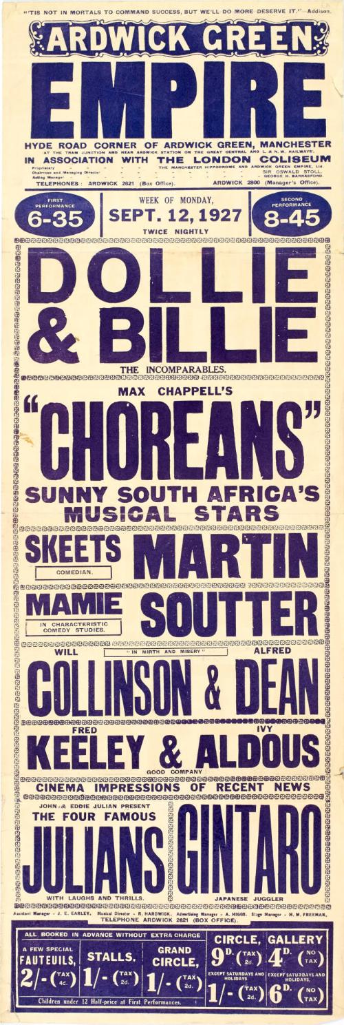 Playbill for Ardwick Green Empire. Week of Monday September 12, 1927