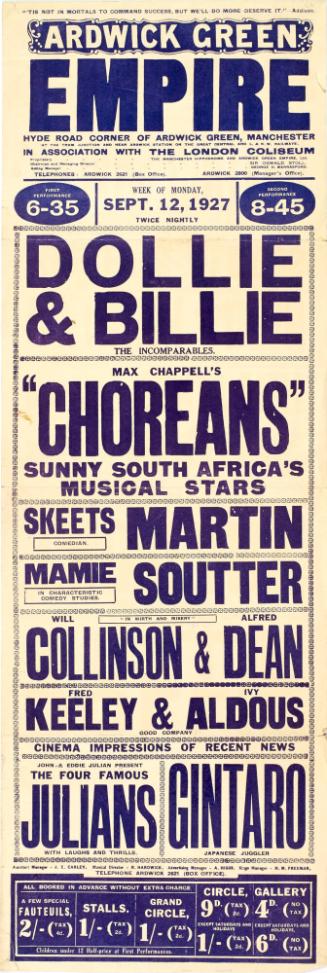 Playbill for Ardwick Green Empire. Week of Monday September 12, 1927