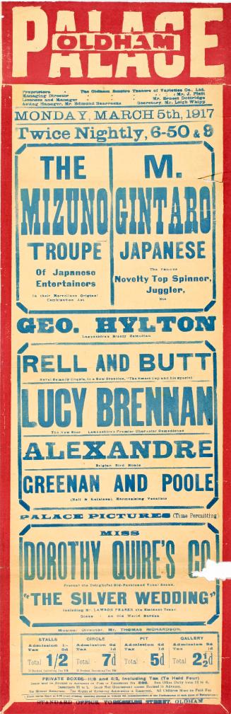 Playbill for Oldham Palace, Oldham. March 5, 1917