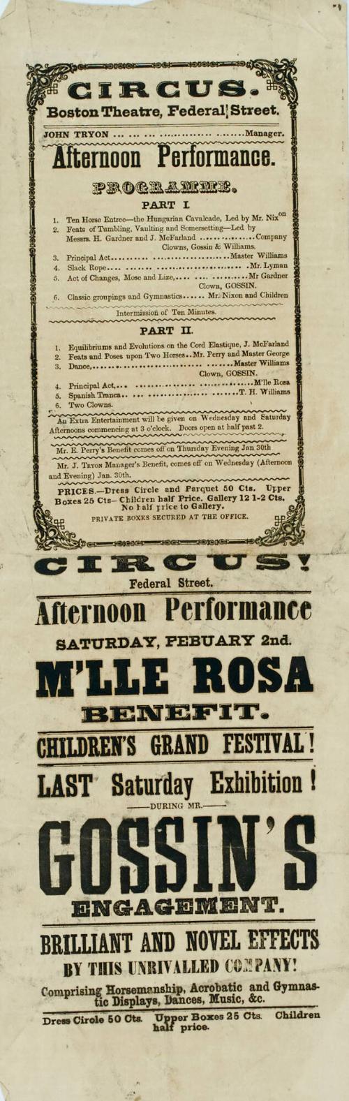 Handbill Program for Circus, Boston Theatre, Federal Street, Boston. February 2, 1843