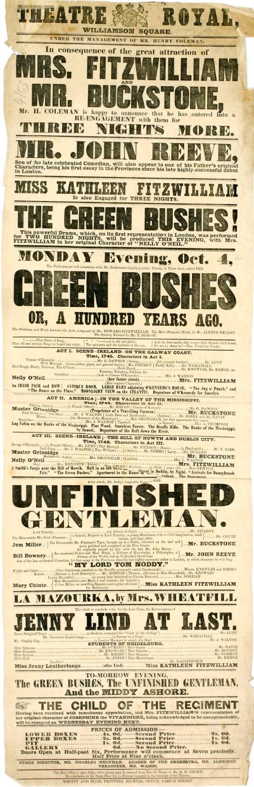 Playbill for Theatre Royal, Williamson Square. October 4, 1855