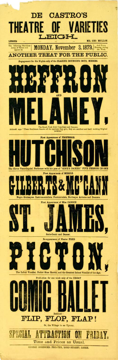 Playbill for De Castro's Theatre of Varieties, Leigh. November 3, 1879