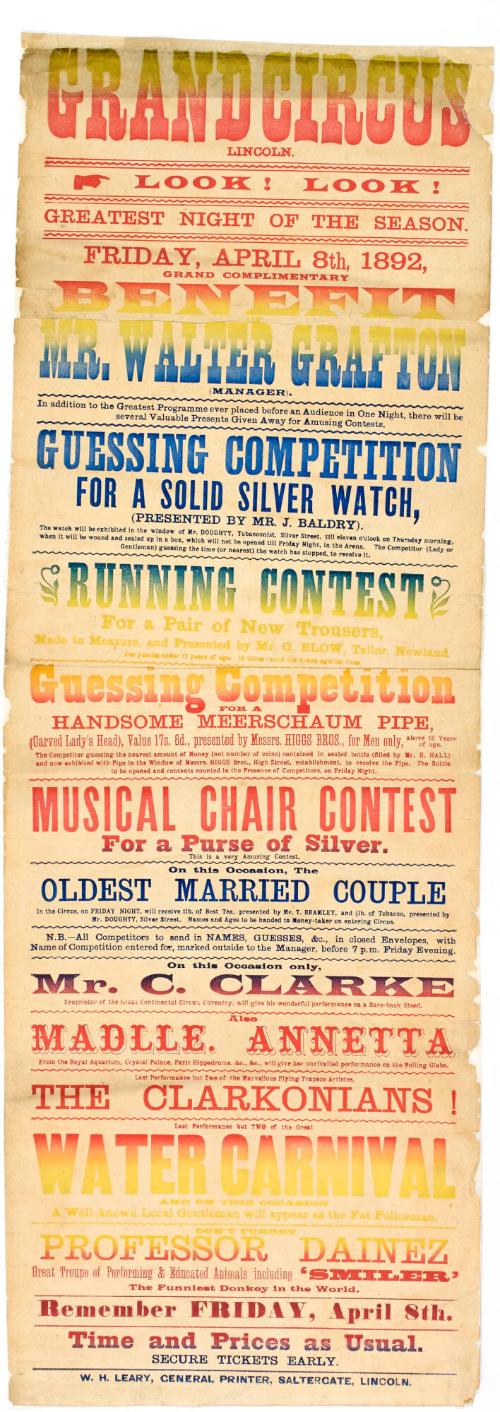 Playbill for Grand Circus, Lincoln. April 8, 1892
