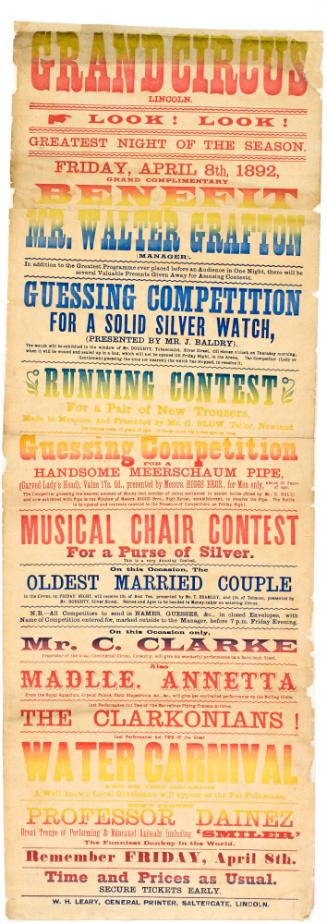 Playbill for Grand Circus, Lincoln. April 8, 1892