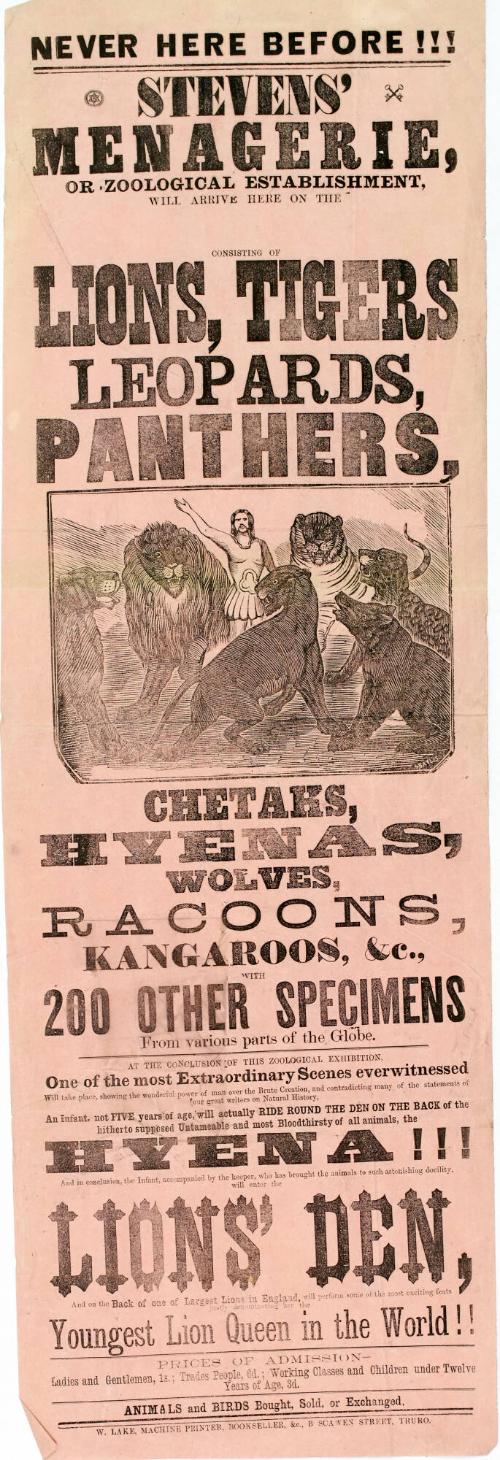 Playbill for Stevens' Menagerie or Zoological Establishment, Truro.