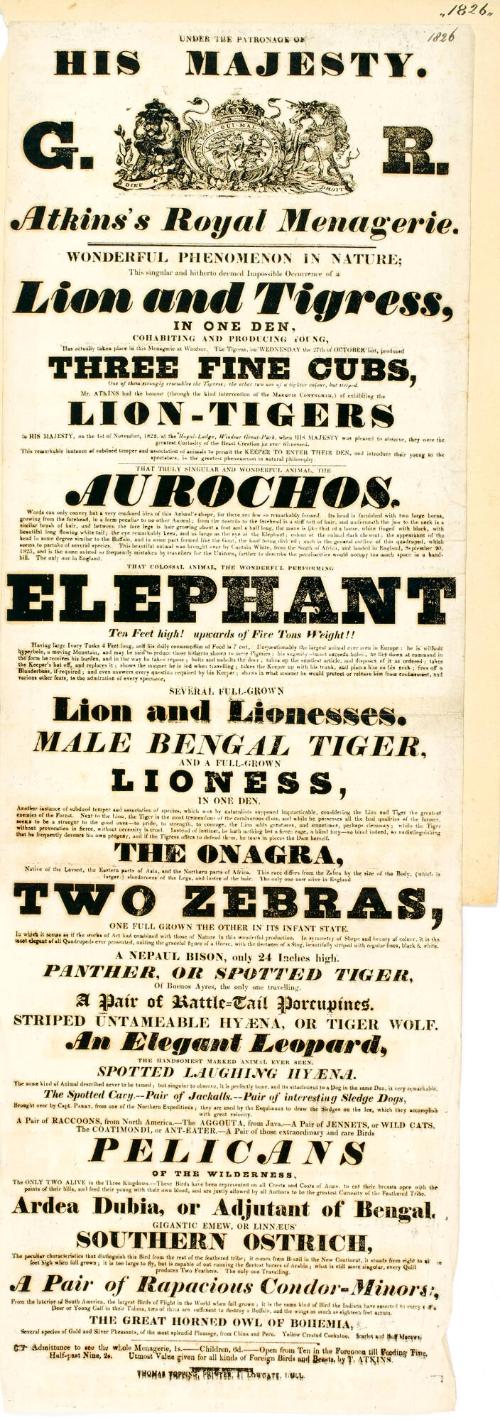 Playbill for Atkin's Royal Menagerie, Hull. 1826