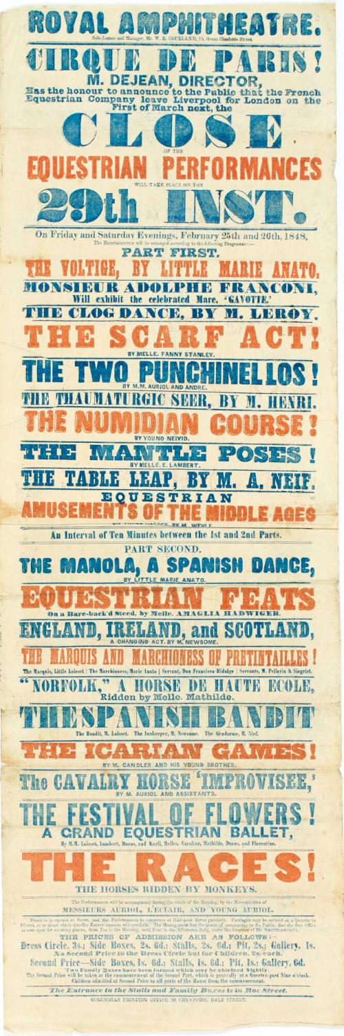 Playbill for Royal Amphitheatre, Liverpool. February 25, 1848