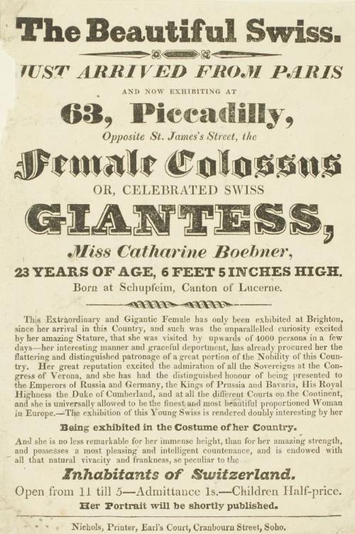 Handbill for A Female Colossus, or Celebrated Swiss Giantess Miss Catherine Boebner. London, 1824