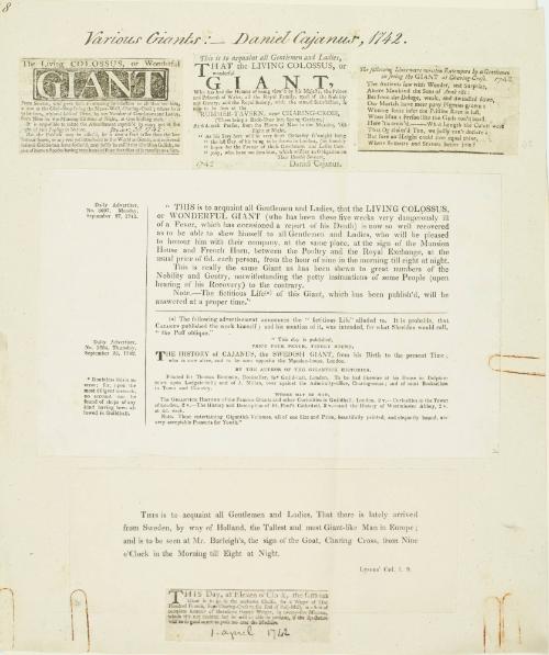 Double sided scrapbook page for Various Giants, Daniel Cajanus, 1742 and The Italian Giant, 1755