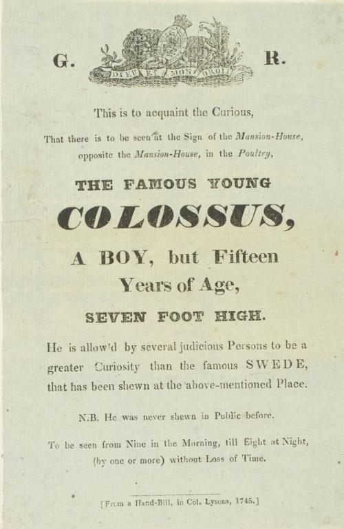 Handbill for The Famous Young Colossus, A Boy but Fifteen years of Age, Seven Foot High
