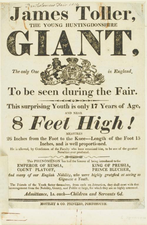 Handbill and Biography for James Toller, The Young Huntingdonshire Giant, Bartholomew Fair, 1814