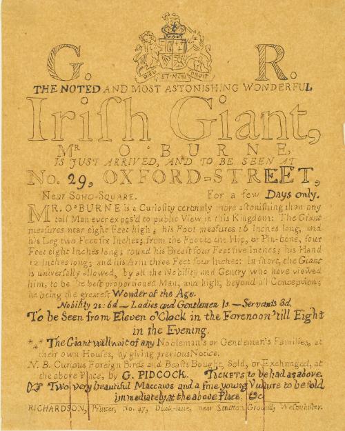 Handwritten reproduction of a Handbill for the Irish Giant
