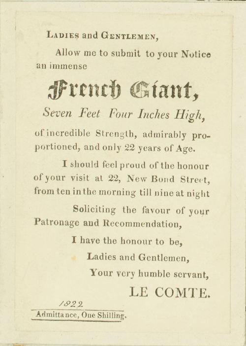 Announcement of M. Le Comte, French Giant at 22 New Bond Street