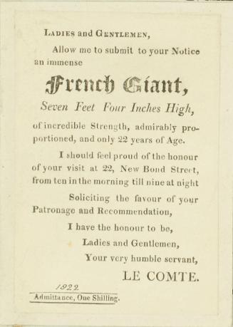 Announcement of M. Le Comte, French Giant at 22 New Bond Street