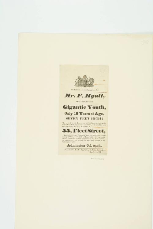 Handbill for Mr. F. Hyatt, Gigantic Youth, 55 Fleet Street, London. January 7, 1832