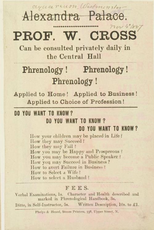 Handbill for either Alexandra Palace or Aquarium Westminster. 1887