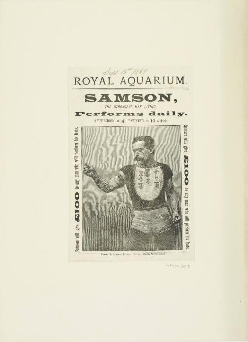 Handbill for Royal Aquarium : Samson, The Strongest Man Living. September 16, 1889