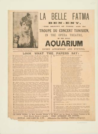 Handbill for La Belle Fatma at the Royal Aquarium. c. 1887