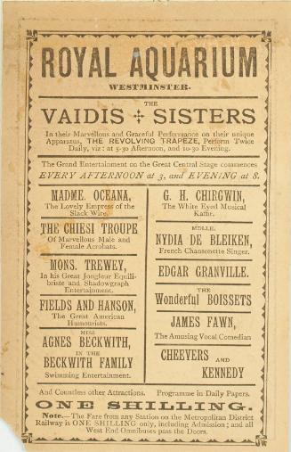 Notice for Royal Aquarium, Westminster, featuring The Twin Sisters Vaidis