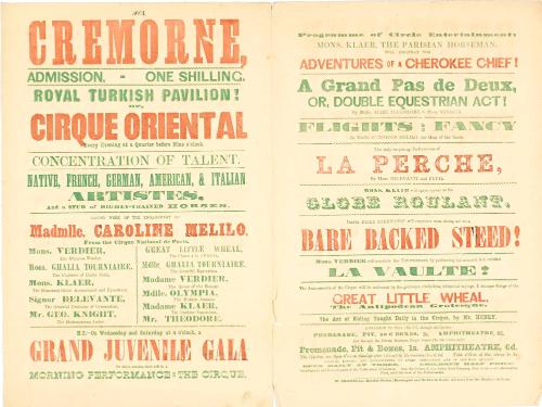 Double page playbill for Cremorne, London, c. 1854