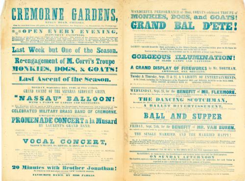Double page playbill for Cremorne Gardens, London. September 21, 1846