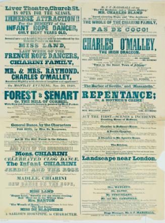 Double page playbill for Liver Theatre, Church Street. November 30, 1840