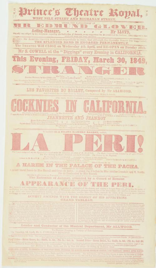 Playbill for Prince's Theatre Royal. March 30, 1849