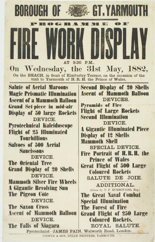 Playbill for a Fireworks Display at the Borough of Gt. Yarmouth. May 31, 1882