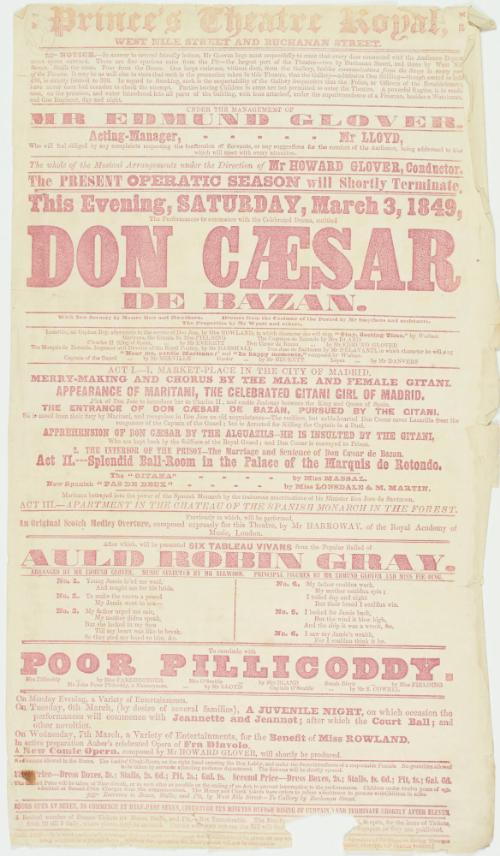 Handbill for Prince's Theatre Royal, Glasgow. March 3, 1849