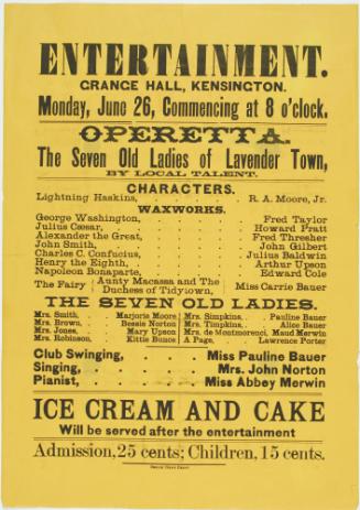 Playbill for the Operetta, The Seven Old Ladies of Lavender Town, Grange Hall, Kensington