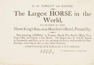 Handbill for The Largest Horse in the World To Be Seen at Three King's Inn Near Hatchett's Hotel, Piccadilly