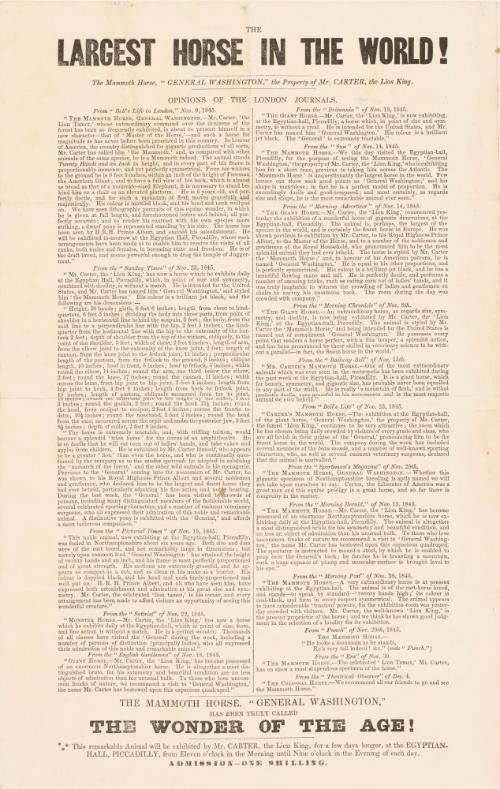Advertisement for "The Largest Horse in the World" The Mammoth Horse General Washington