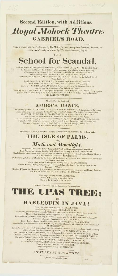 Playbill for Royal Mohock Theatre, Edinburgh. no date