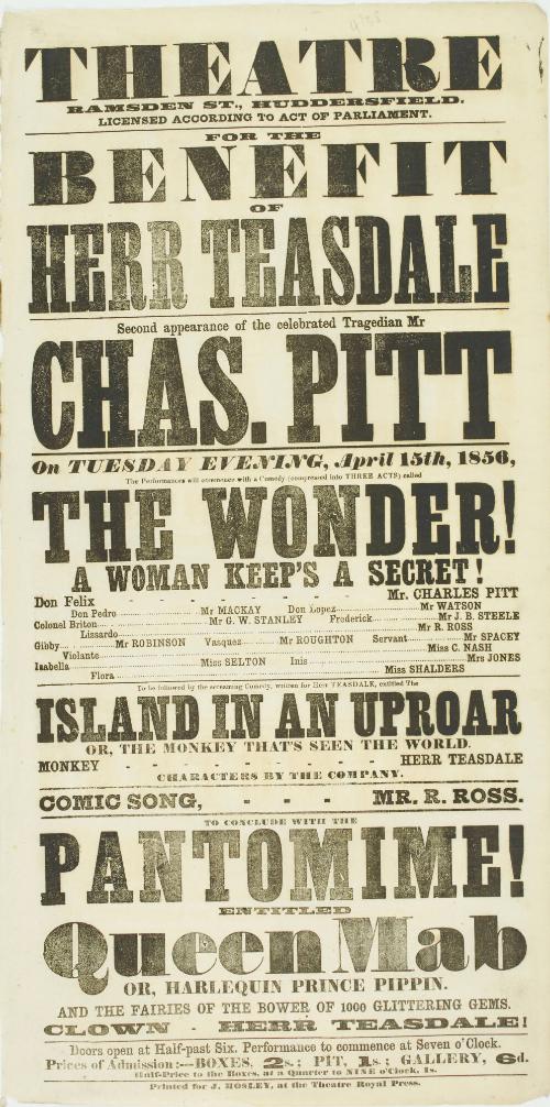 Playbill for Theatre, Ramsden Street, Huddersfield. April 15, 1856
