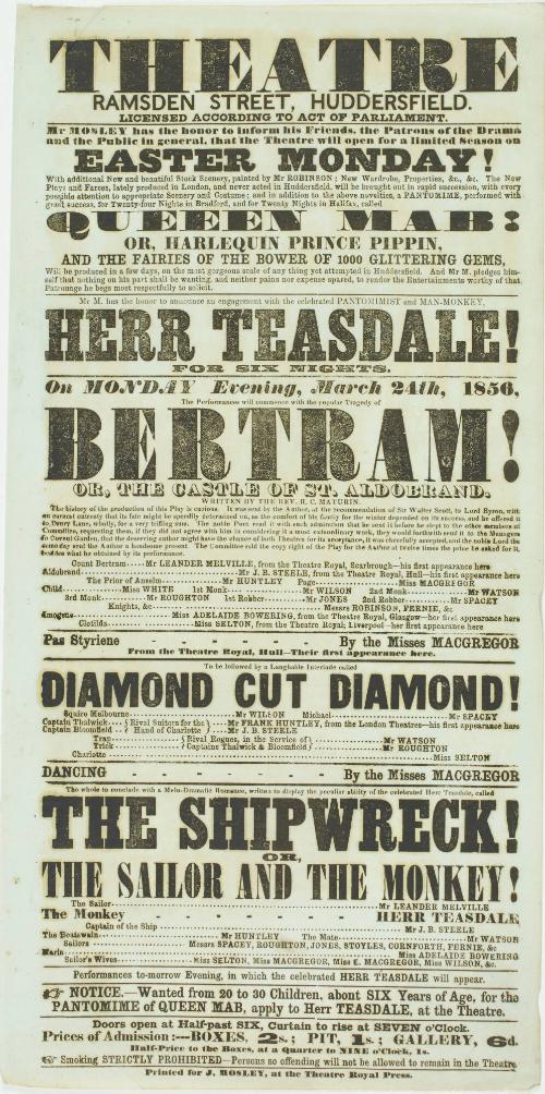 Playbill for Theatre, Ramsden Street, Huddersfield. March 24, 1856