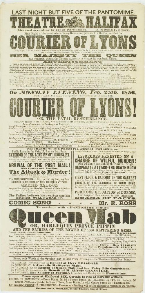 Playbill for Theatre Halifax. February 25, 1856