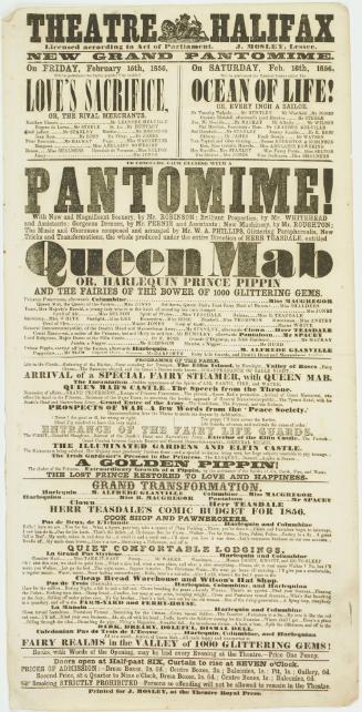 Playbill for Theatre Halifax. February 15-16, 1856