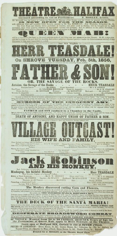 Playbill for Theatre Halifax. February 5, 1856
