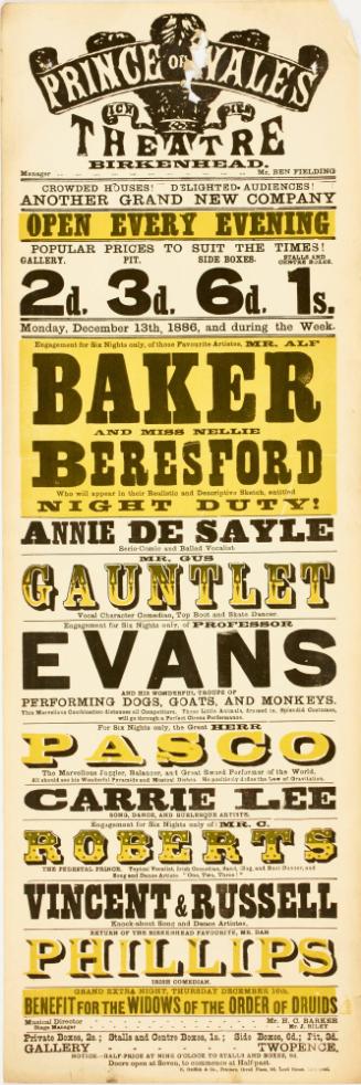 Playbill for Prince of Wales Theatre, Birkenhead. December 13, 1888