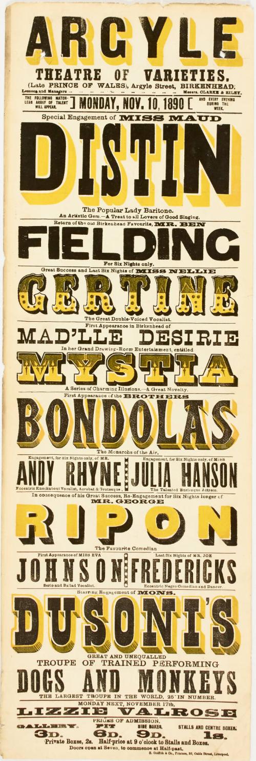 Playbill for The Argyle Theatre of Varieties, Birkenhead. November 10, 1890
