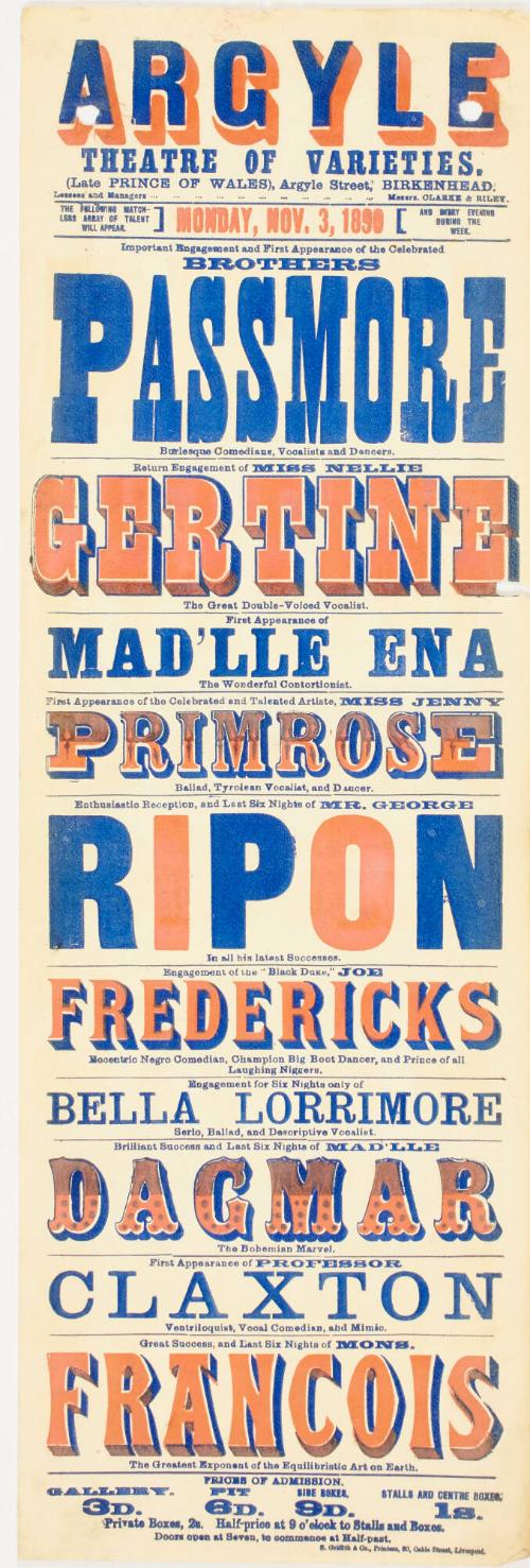 Playbill for The Argyle Theatre of Varieties, Birkenhead. November 3, 1890