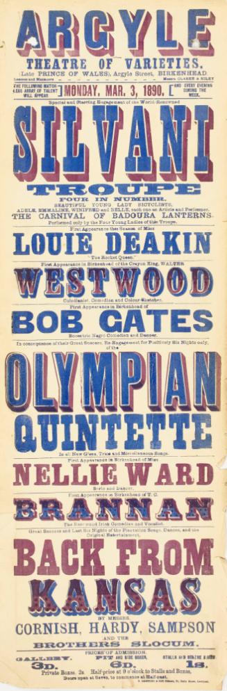 Playbill for The Argyle Theatre of Varieties, Birkenhead. March 3, 1890