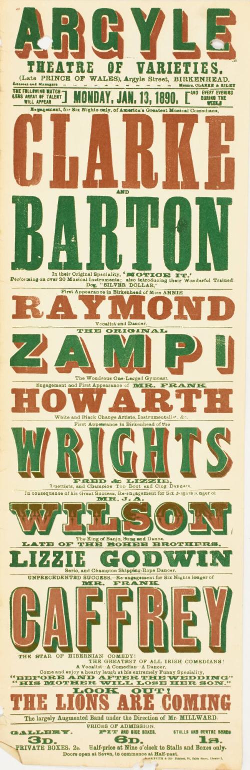 Playbill for The Argyle Theatre of Varieties, Birkenhead. January 13, 1890