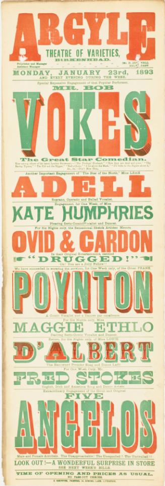 Playbill for The Argyle Theatre of Varieties, Birkenhead. January 23, 1893
