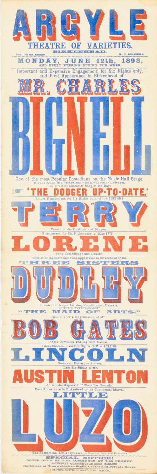 Playbill for The Argyle Theatre of Varieties, Birkenhead. June 12, 1893